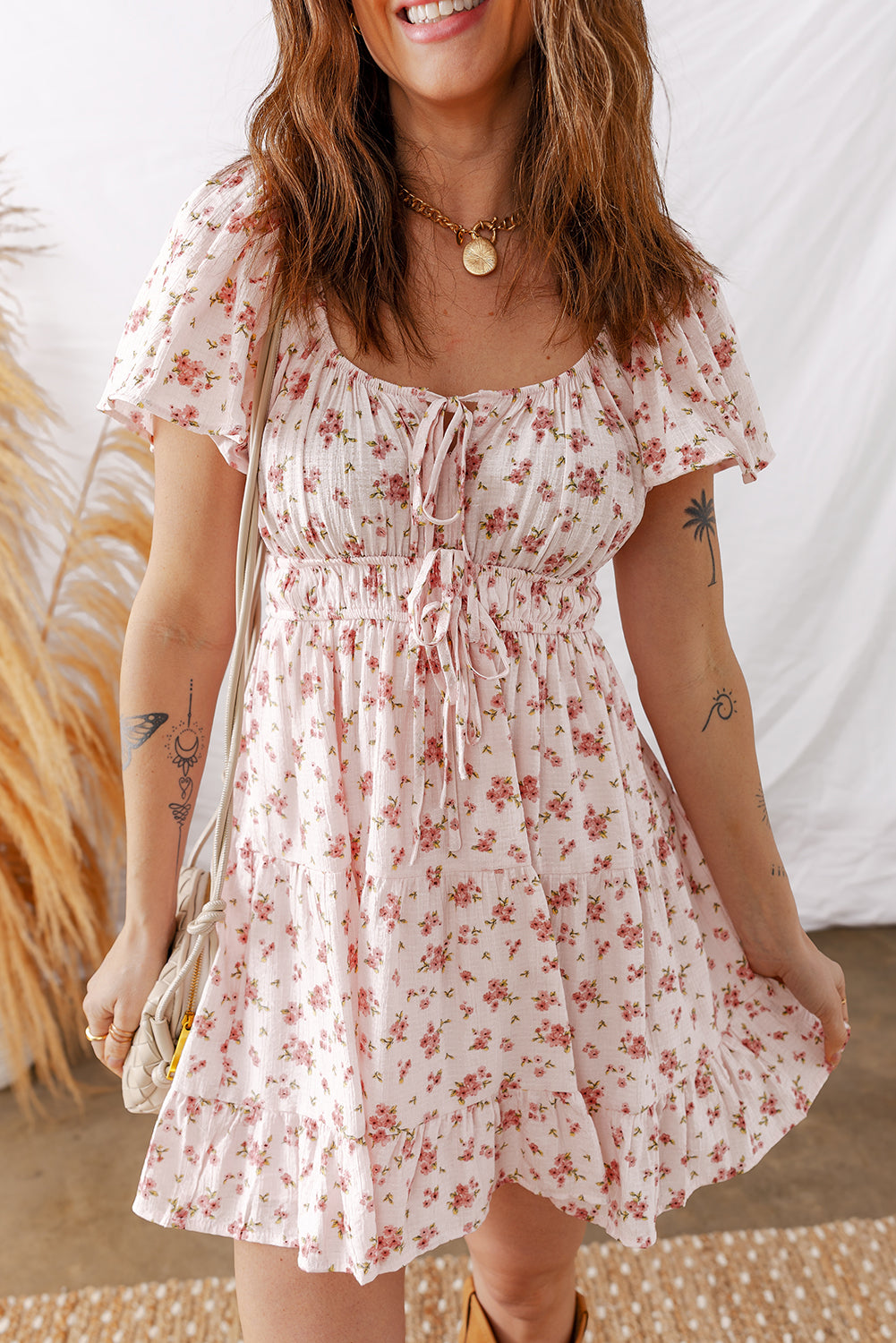 Front Tie Shirred Waist Short Sleeve Ruffled Floral Mini Dress