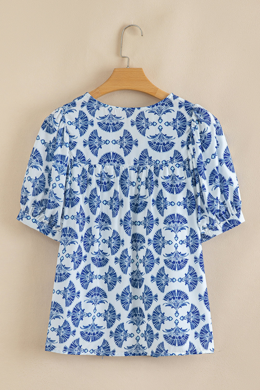 Geometric Print Tassel Drawstring V Neck Blouse