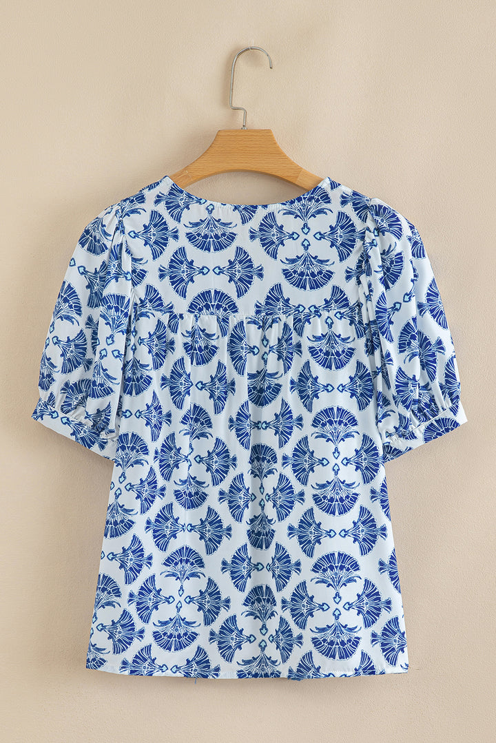 Geometric Print Tassel Drawstring V Neck Blouse