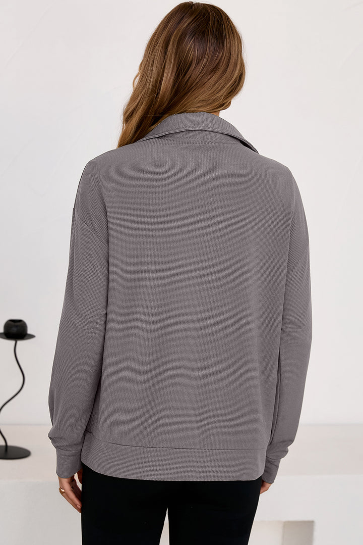Gray Waffle Texture Collar Half Zip Pocketed Drop Shoulder Sweatshirt