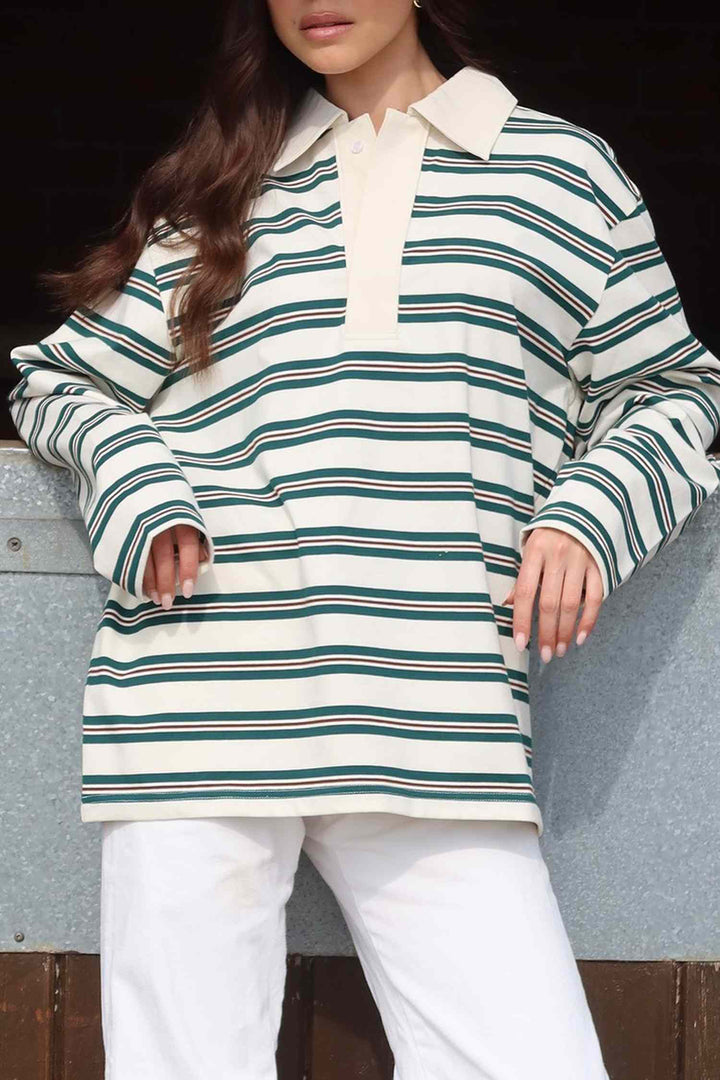 Green Stripe Retro Loose Fit Contrast Collar Long Sleeve Top