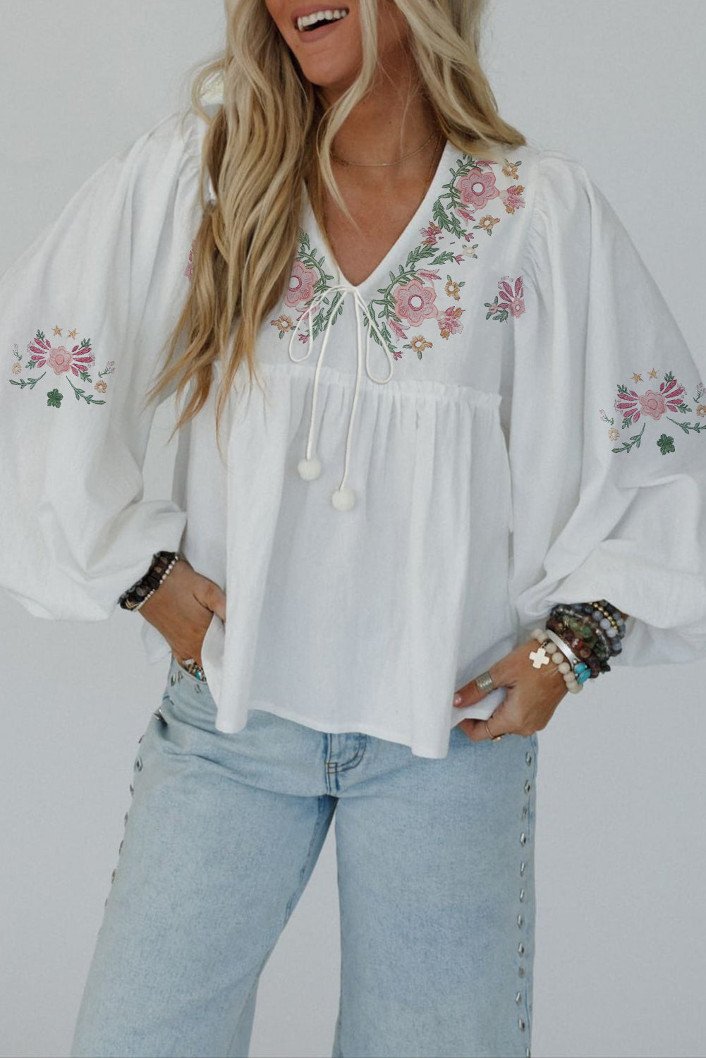 Flower Print Lace-up V Neck Babydoll Blouse