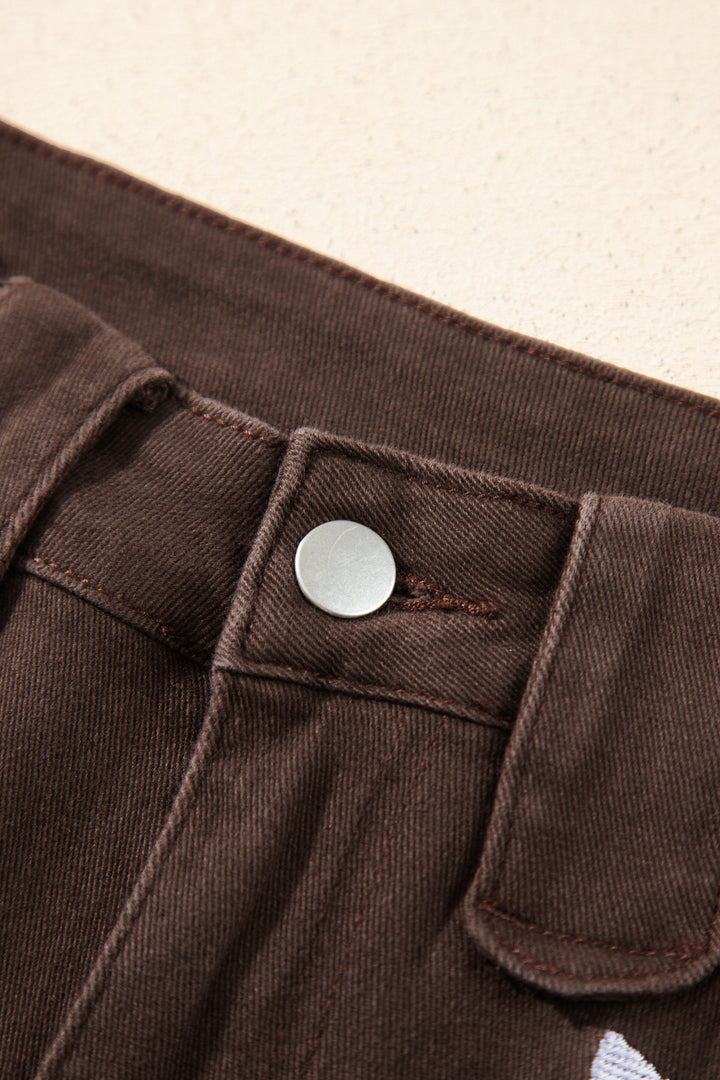 Coffee Western Fly Decorative Belt Loops Straight Leg Jeans