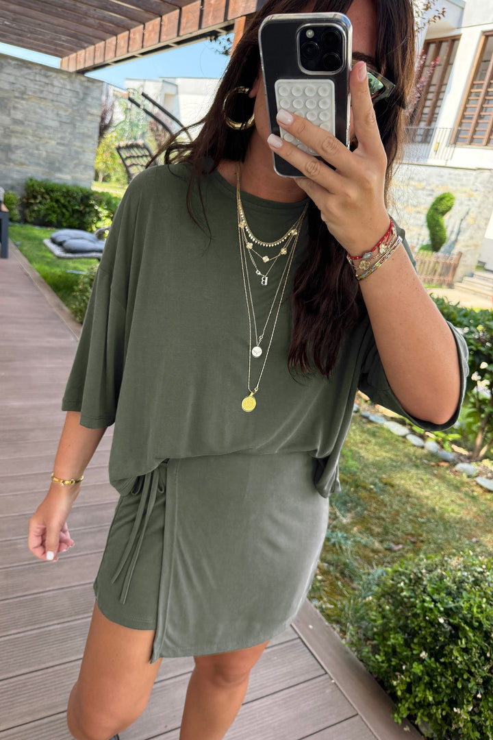 Laurel Green Solid Color Oversize Tee Tie Wrap Mini Skort 2pcs Set