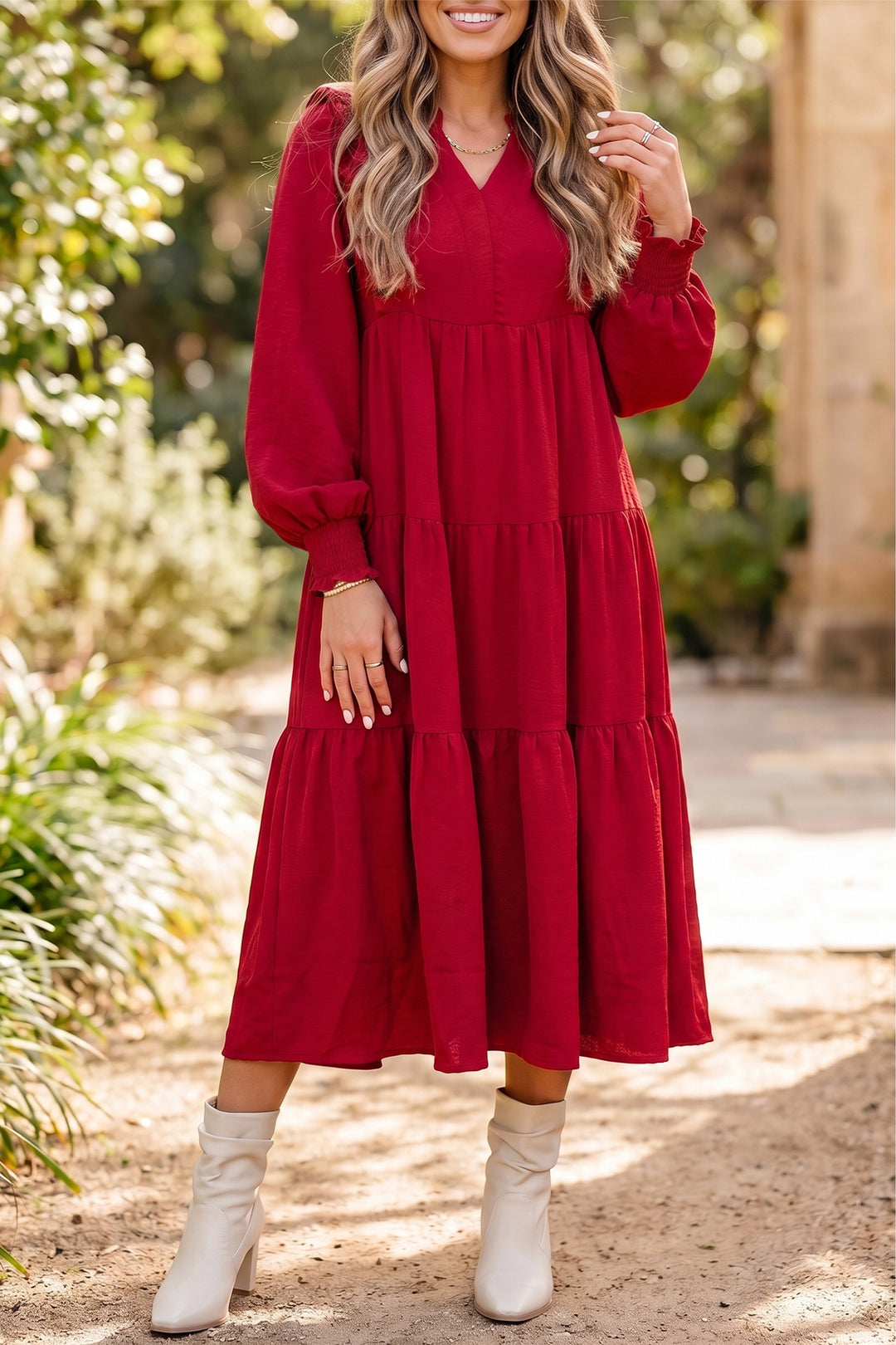 red long sleeve midi dress Petal and Pup Women's Kristyn Featuring long sleeves midi length front keyhole gathered ruched waist Racing Red Solid Color Ruffle