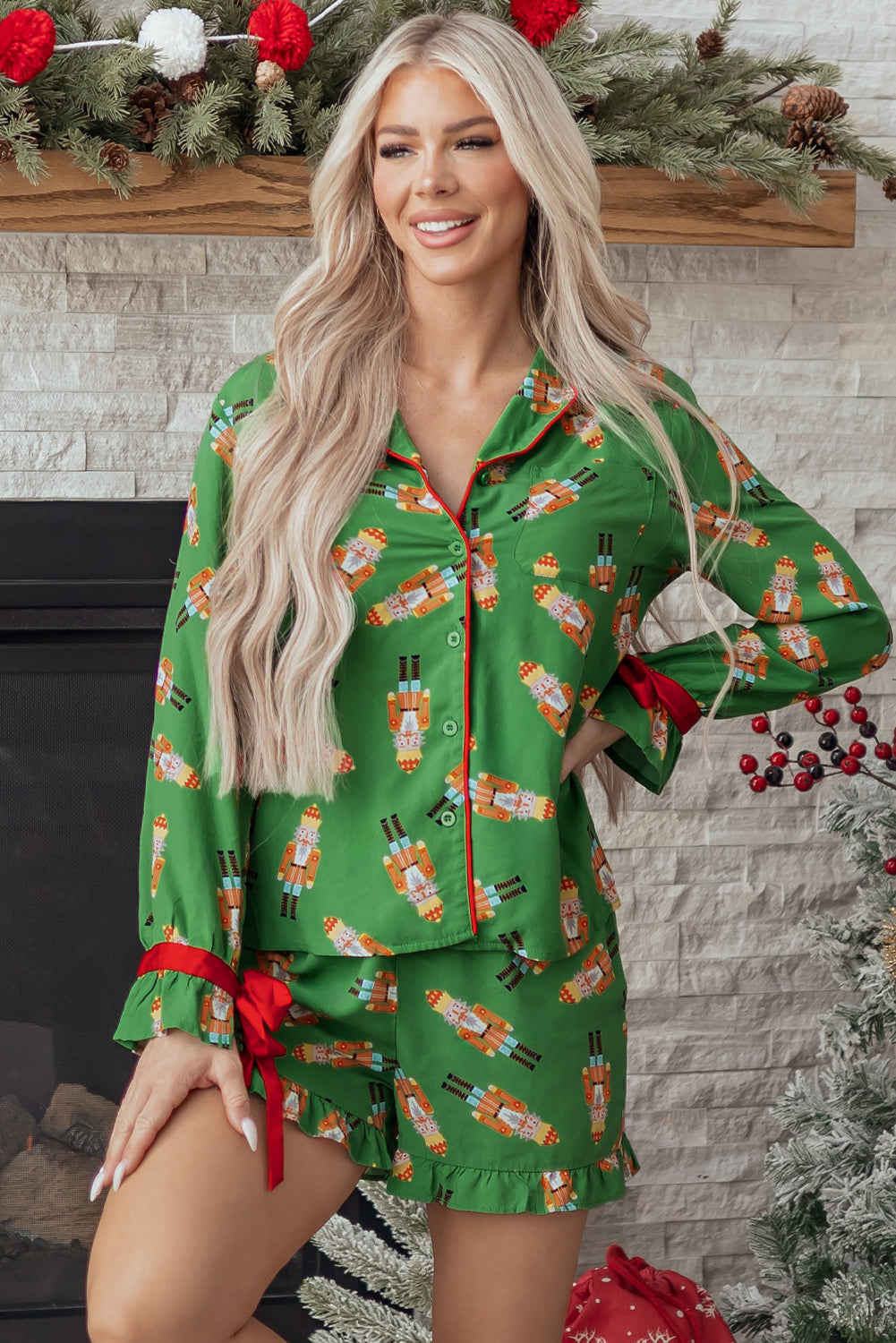 Green Christmas Candy Contrast Trim Bow Knot Silky 2pcs Pajama Set
