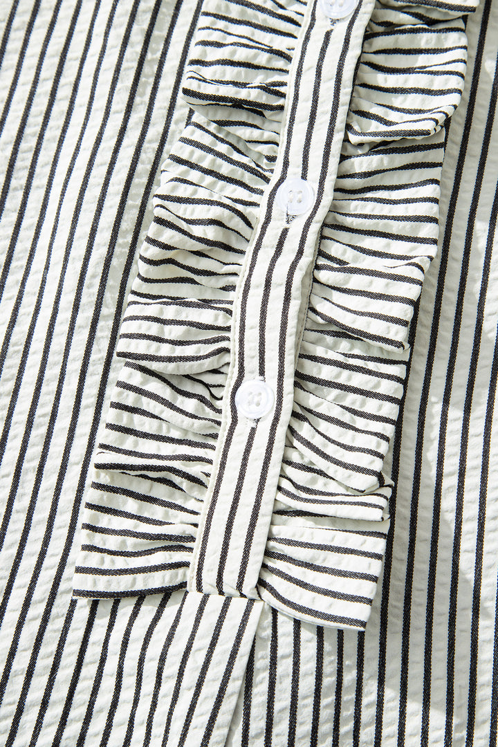 Black Stripe Frilled Detail Half Buttons Short Sleeve Long Dress