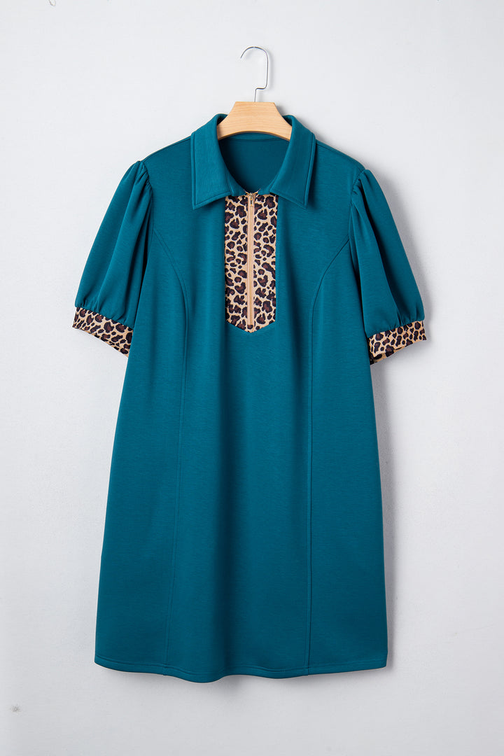 Sea Green Leopard Quarter Zip Collared Plus Size Mini Dress