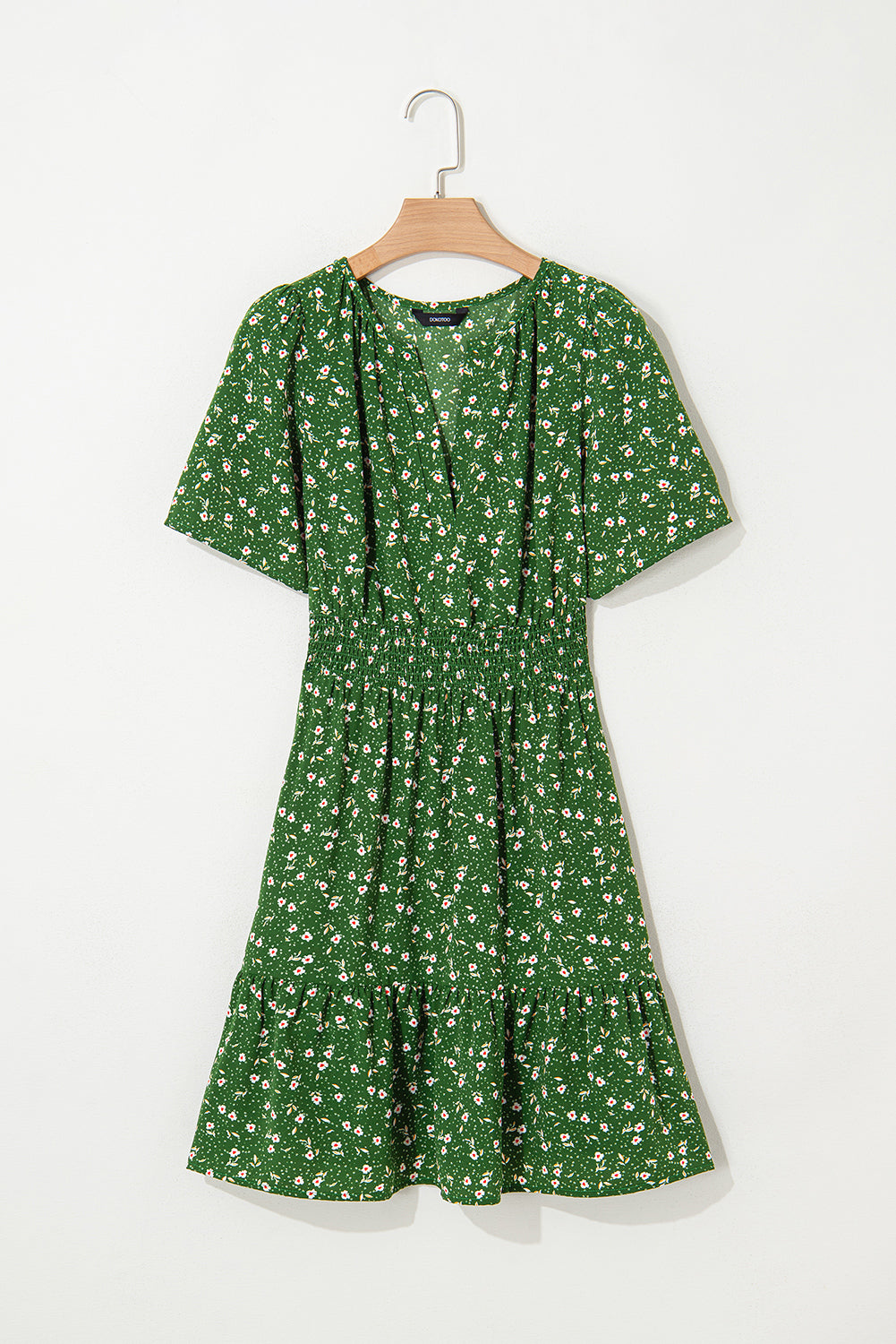 Floral Print Wrap V Neck Short Sleeve High Waistband Mini Dress