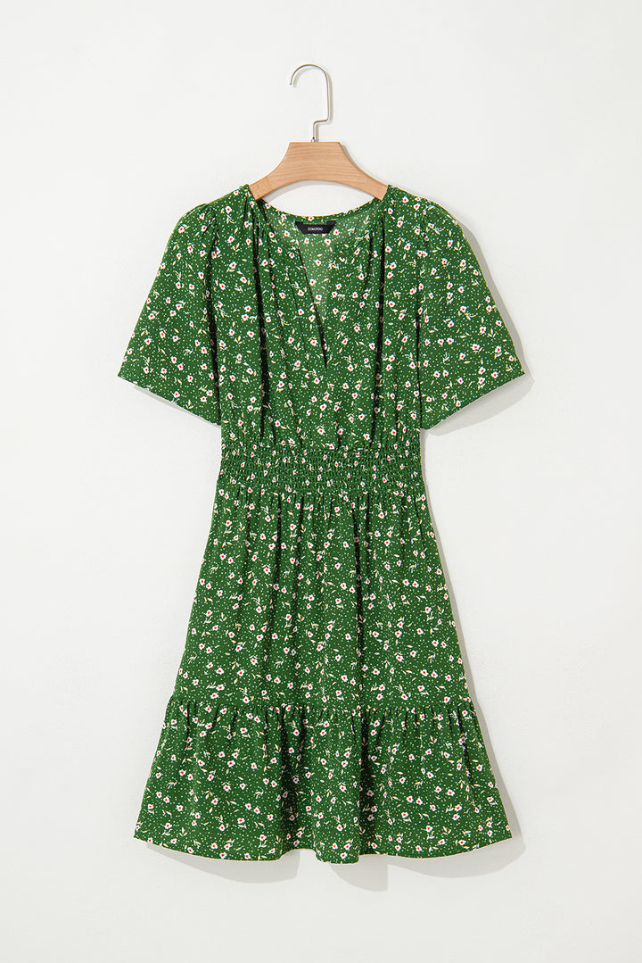 Floral Print Wrap V Neck Short Sleeve High Waistband Mini Dress