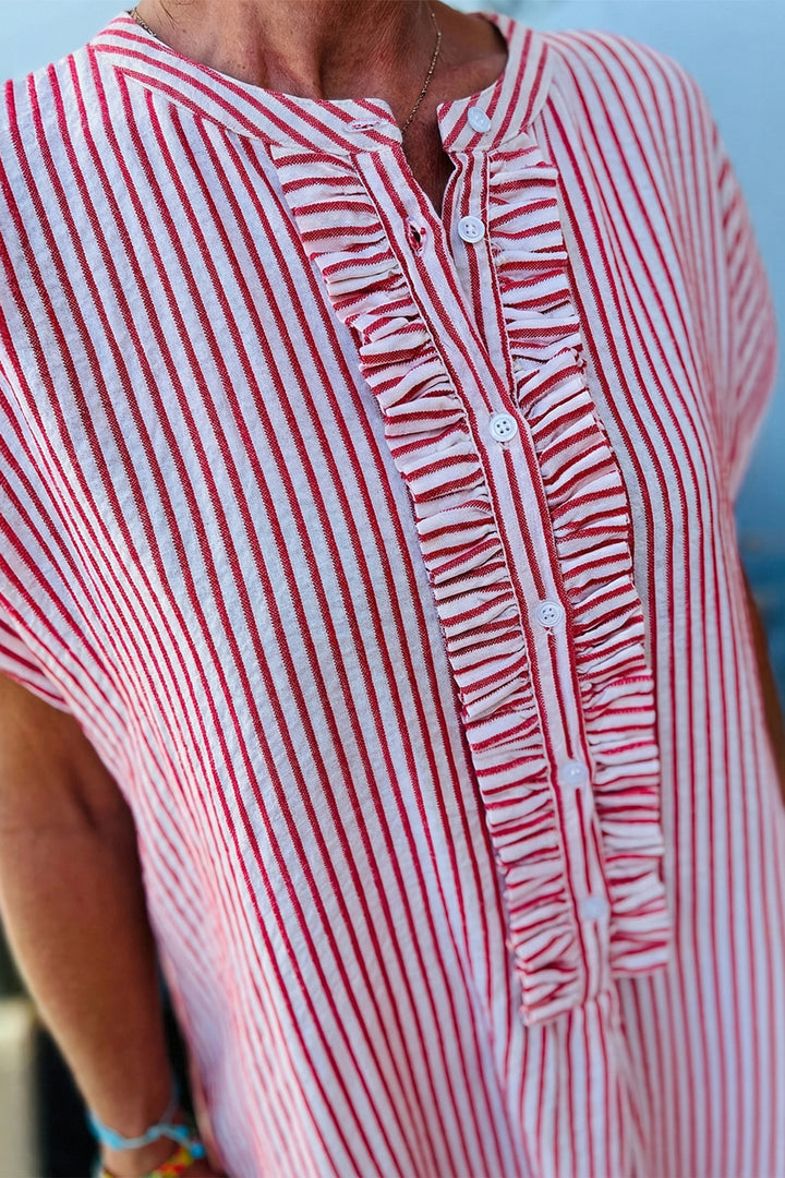 Red Stripe Frilled Detail Half Buttons Short Sleeve Long Dress