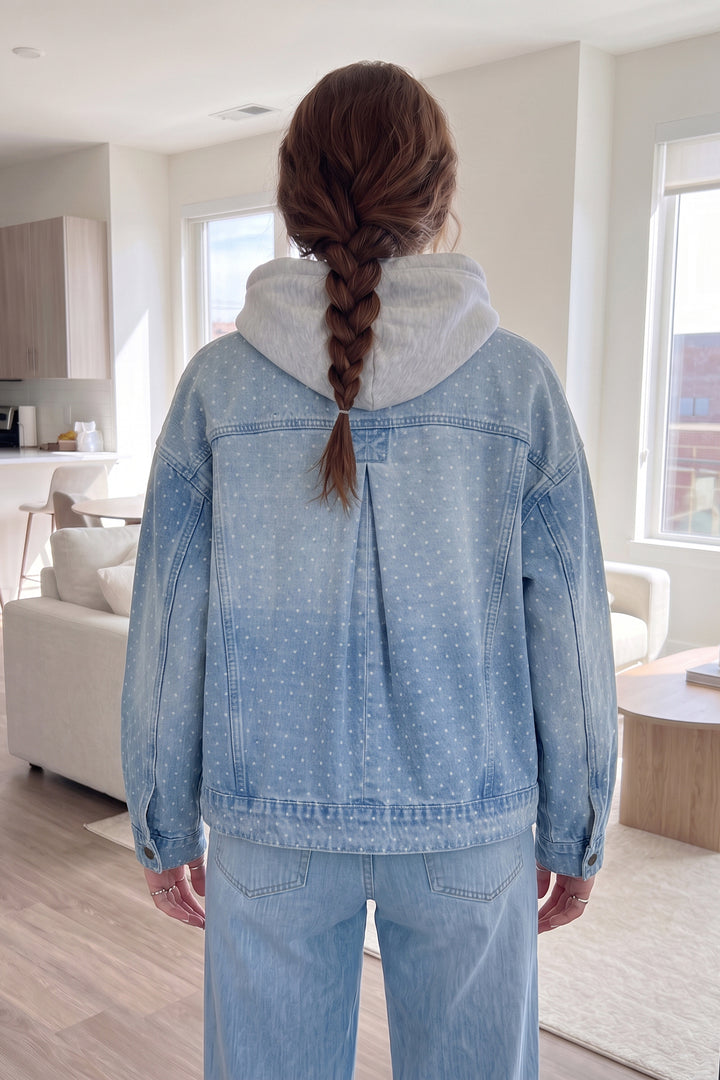 Sky Blue Polka Dot Collar Pocket Casual Shift Silhouette Denim Jacket