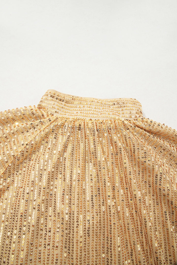 Metallic Balloon Sleeve Buttoned High Neck Loose Blouse