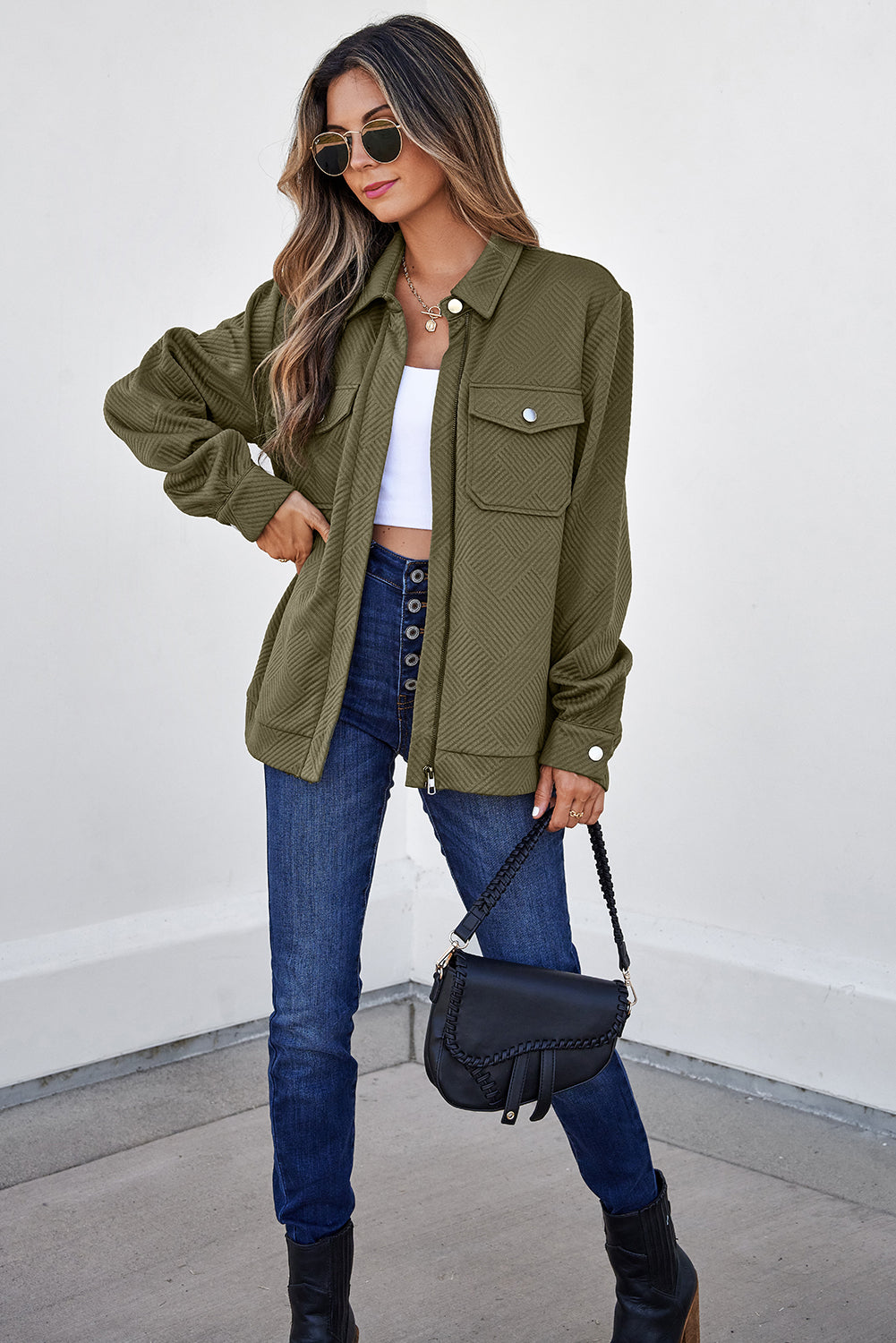 Blackish Green Zip Up Button Flap Pocket Shirt Collar Jackets