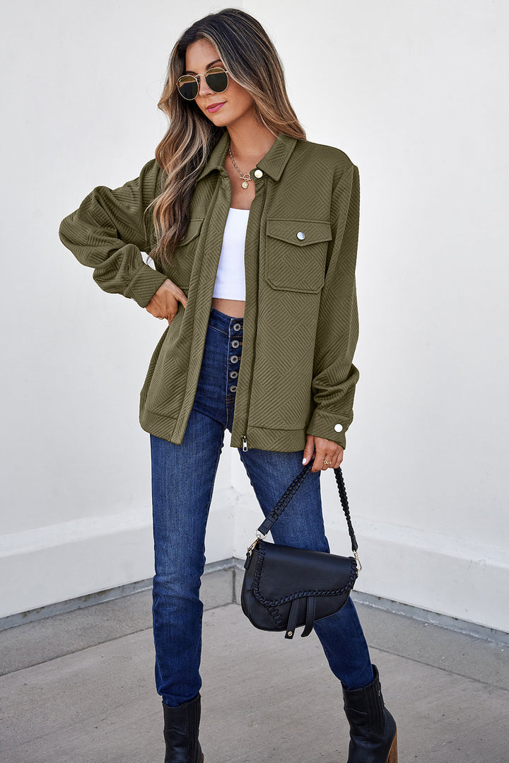Blackish Green Zip Up Button Flap Pocket Shirt Collar Jackets