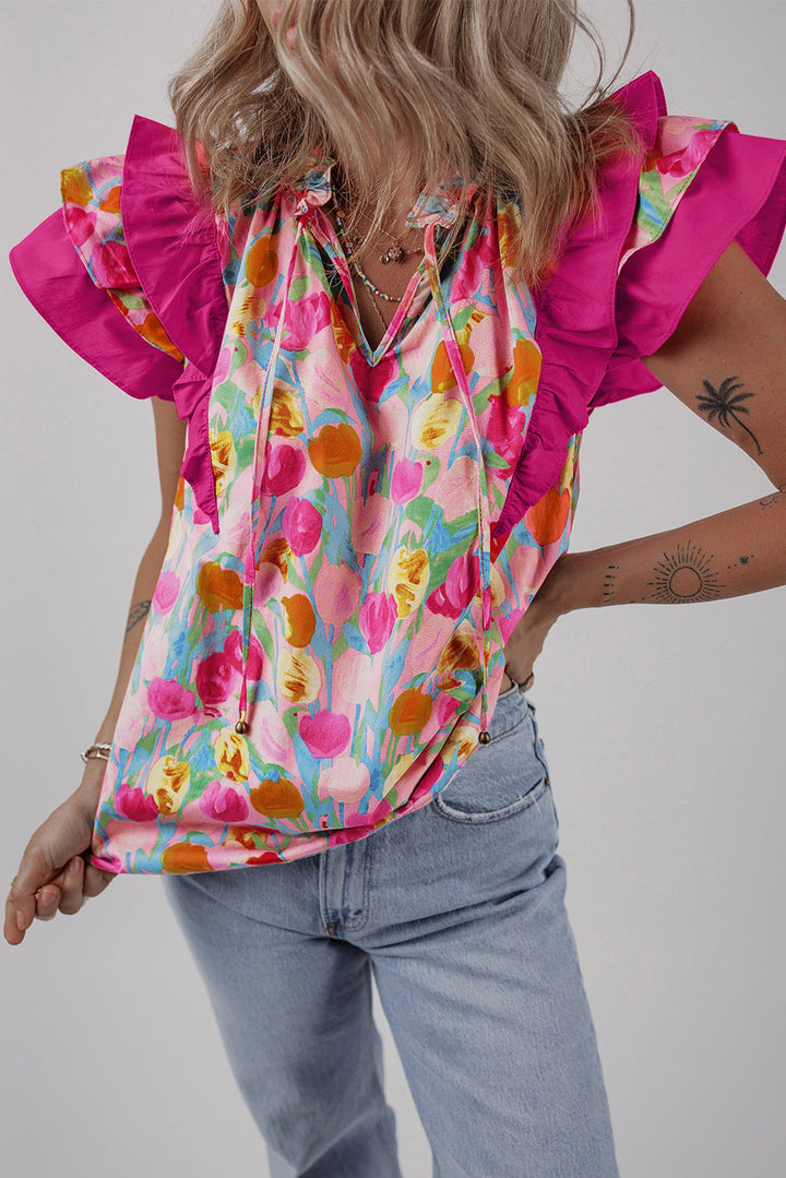 Floral Layered Ruffle Flutter Sleeve Tie V Neck Blouse