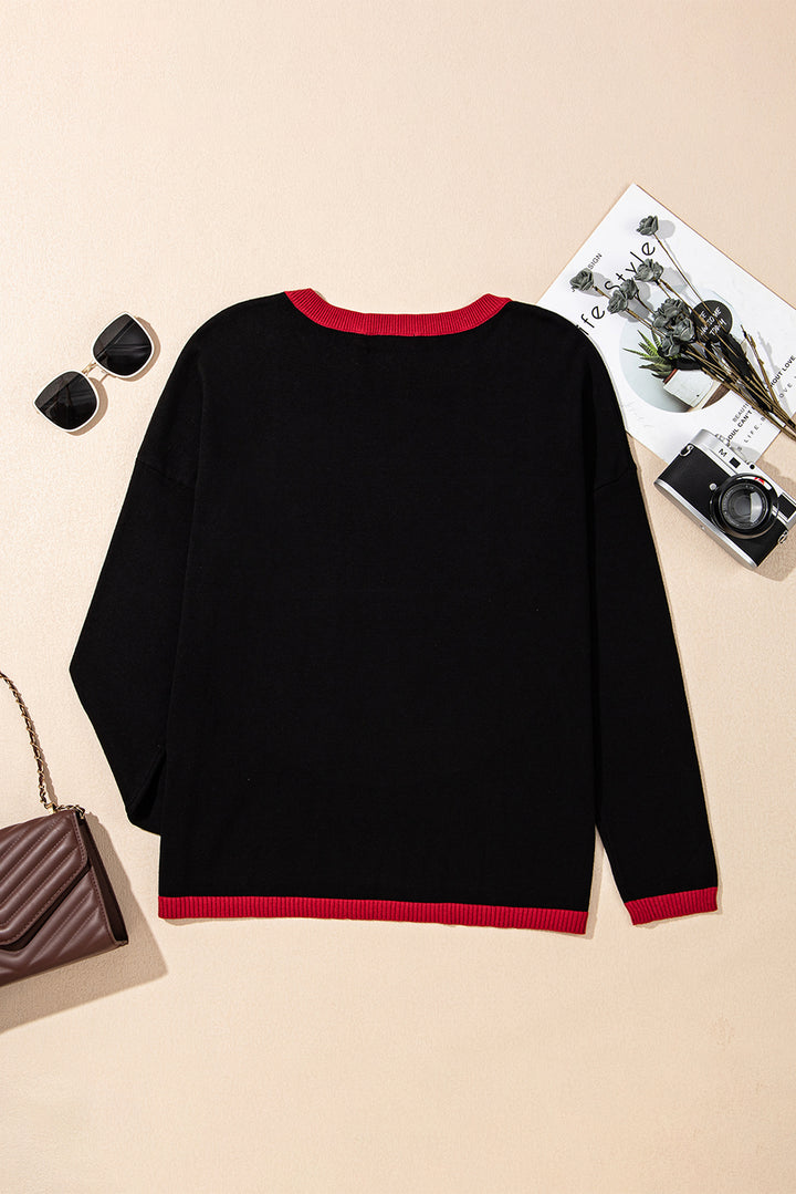 Black white Heart Print Contrast Trim Drop Shoulder Sweater