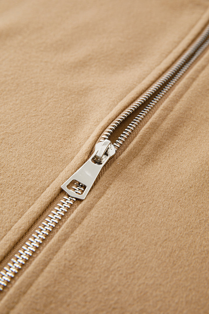 Light French Beige Solid Color Casual Zip up Hooded Coat