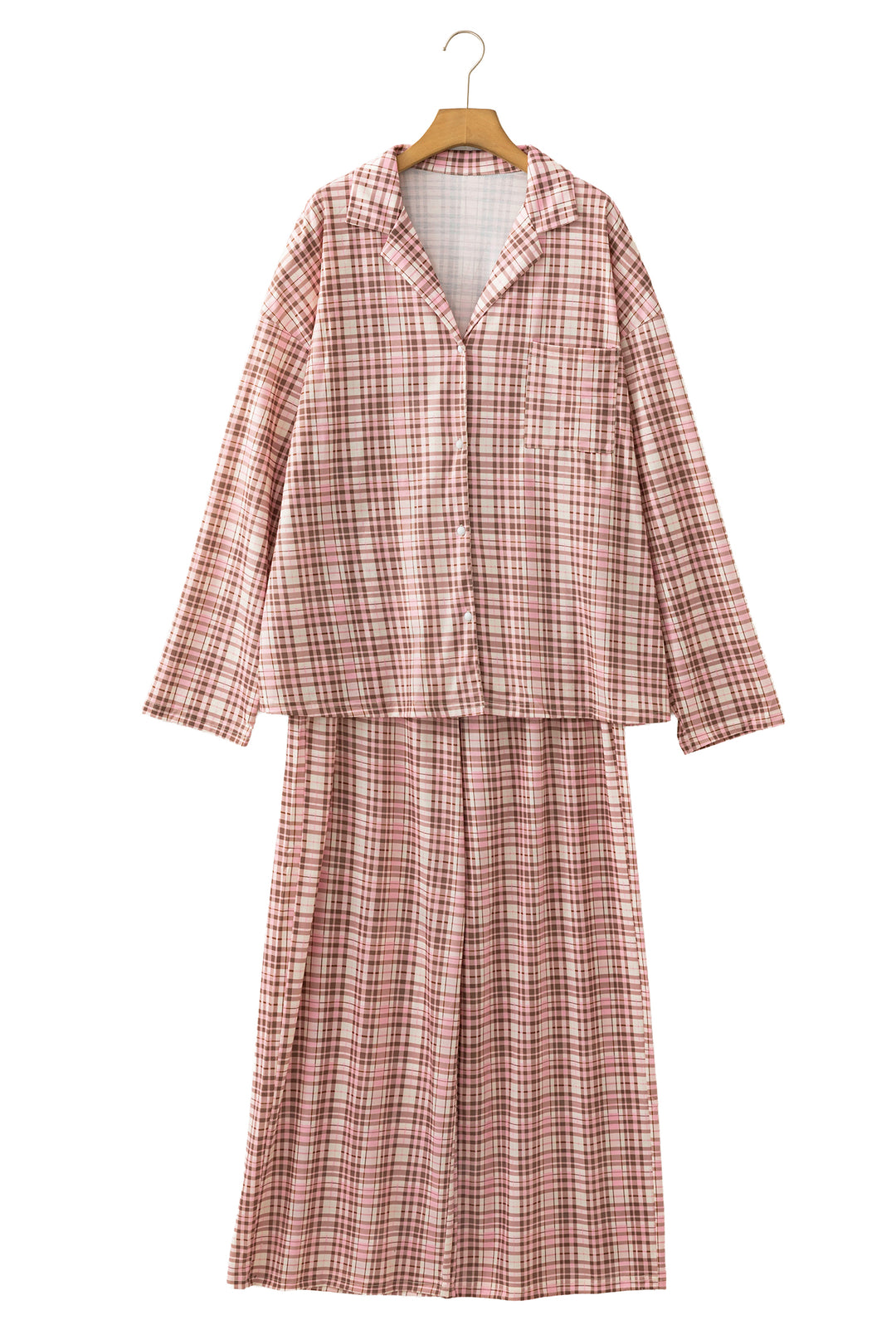 Pink Plaid Patch Pockets Long Sleeve Lounge Set