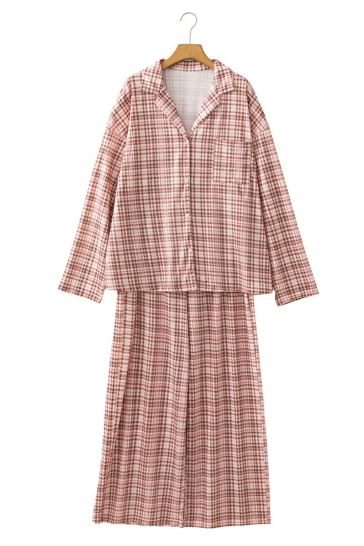 Pink Plaid Patch Pockets Long Sleeve Lounge Set