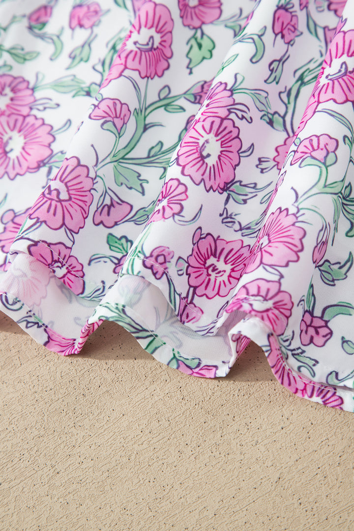 Pink Floral Print Striped Patchwork Bow Knot Straps Mini Dress
