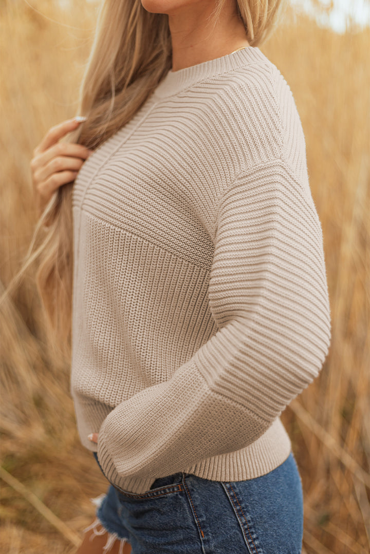 Mixed Texture Patchwork Knitted Puff Sleeve Sweater
