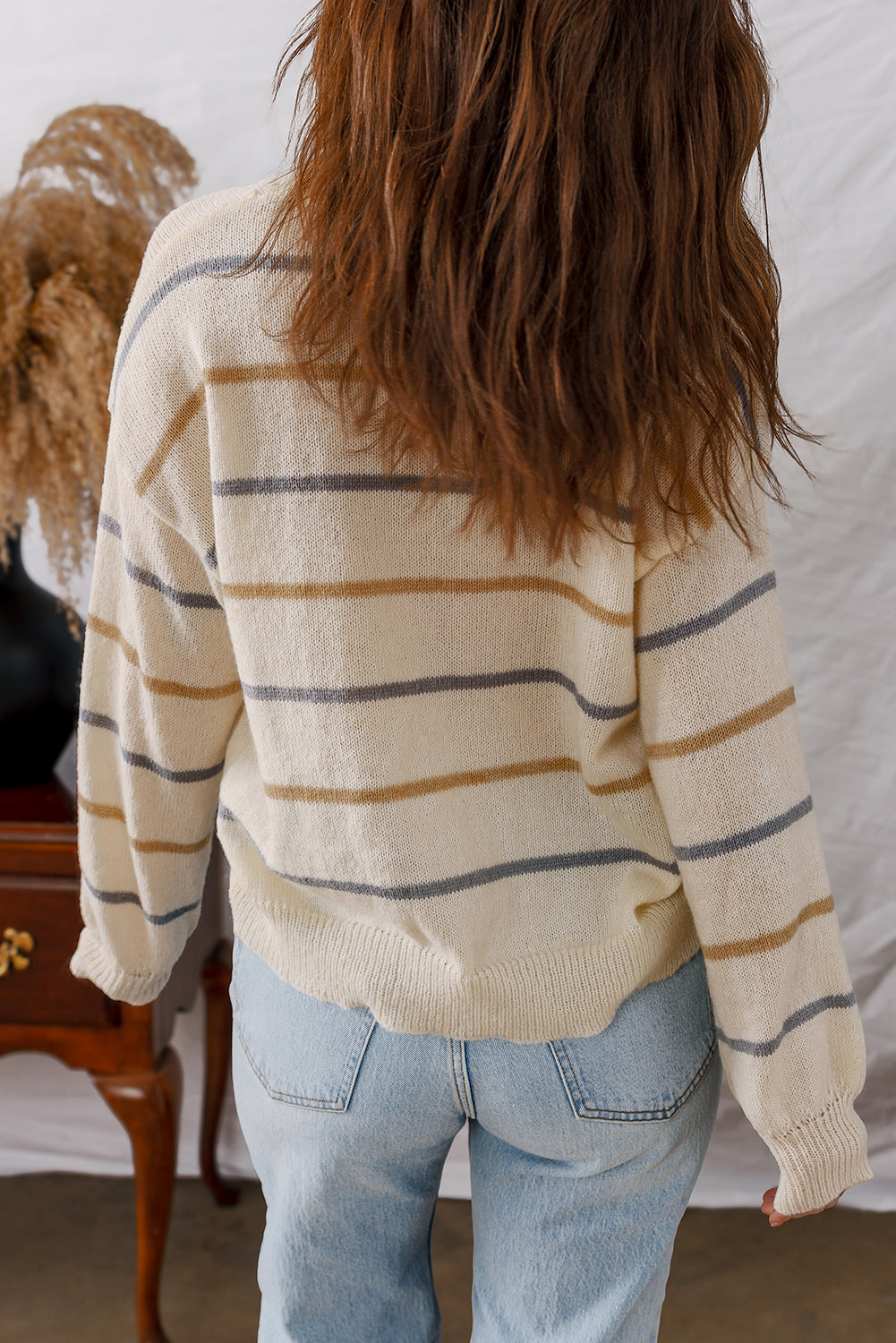 Multicolour Striped Buttoned Front V Neck Cardigan Sweater