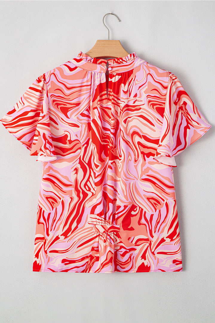 abstract print ruffled short sleeve mock neck blouse