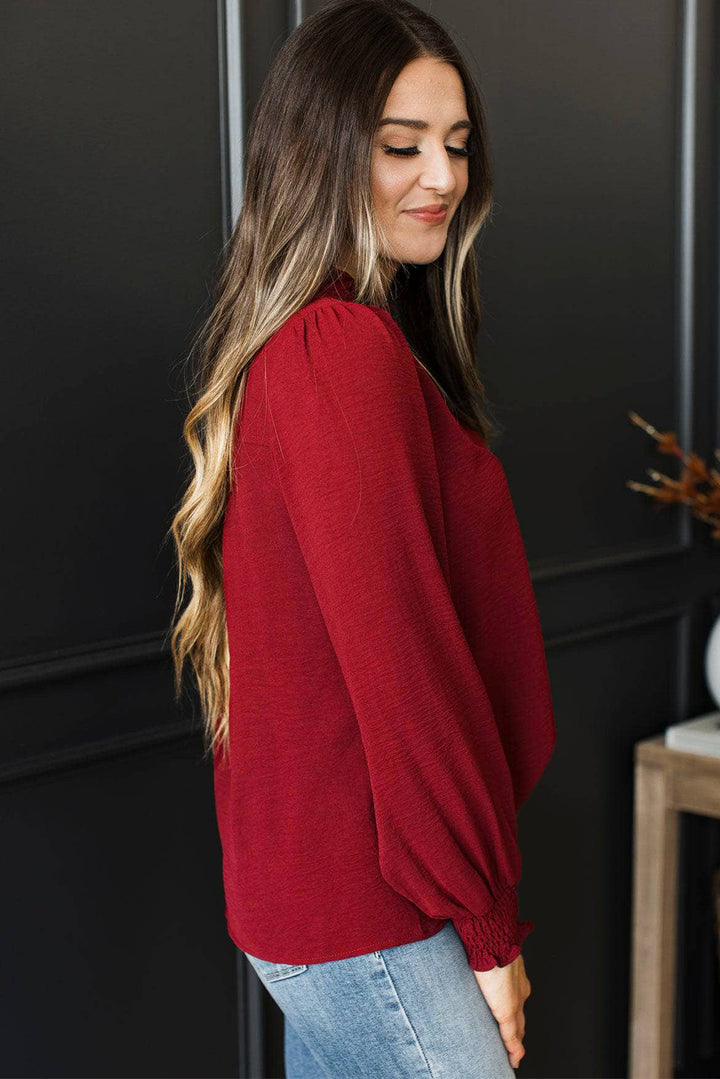 Notched Neck Shirred Cuff Long Sleeve Blouse