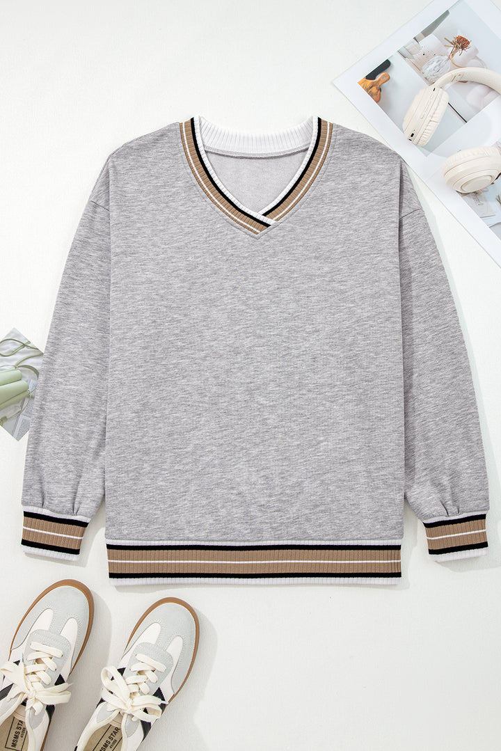 Varsity Contrast Striped Trim V Neck Sweatshirt
