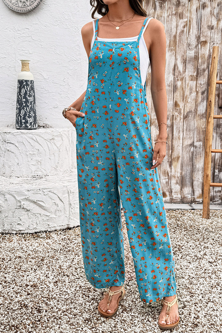 Green Floral Print Spaghetti Straps Loose Pocketed Jumpsuit
