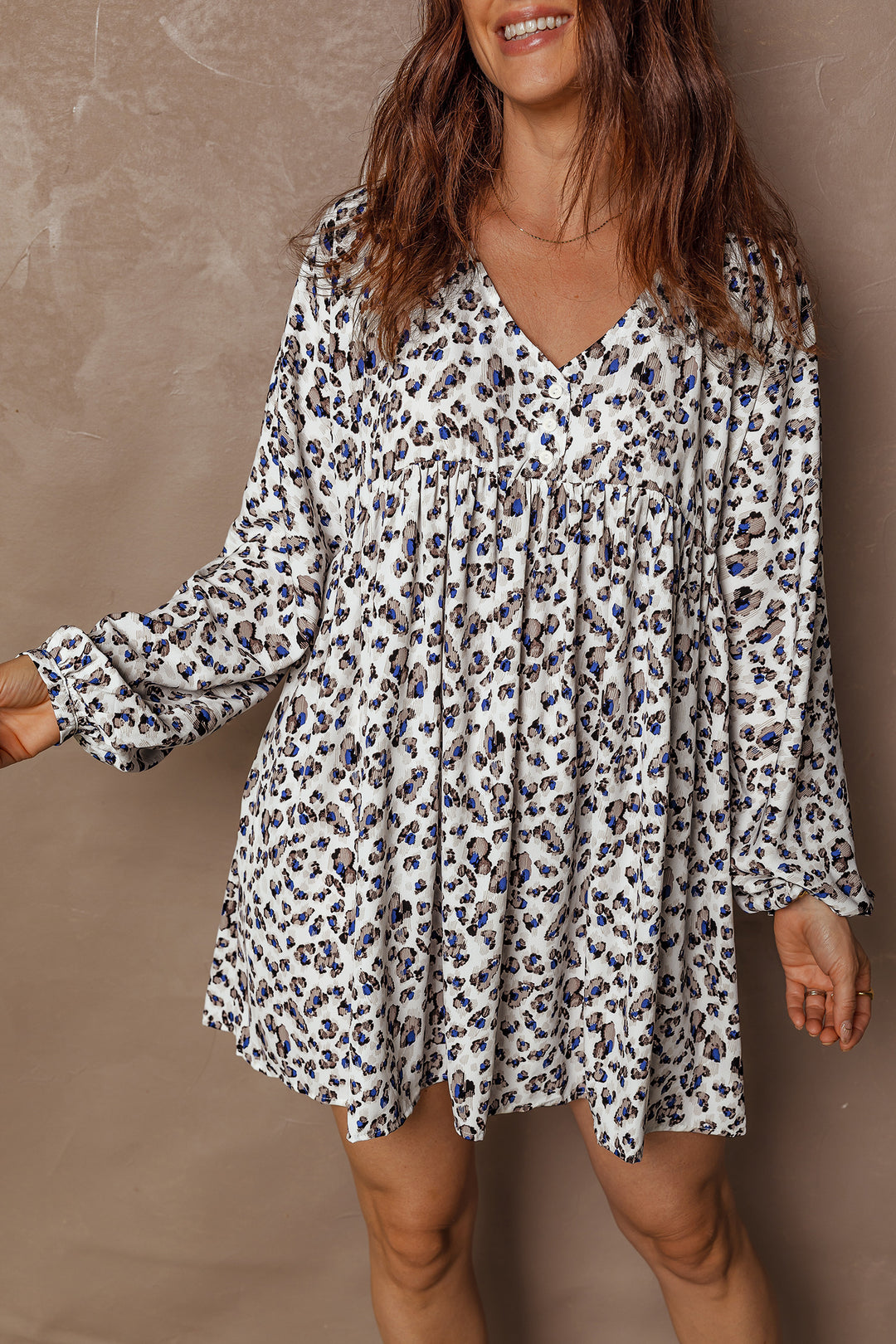 Leopard Print V Neck Button Detail Long Sleeve Mini Dress
