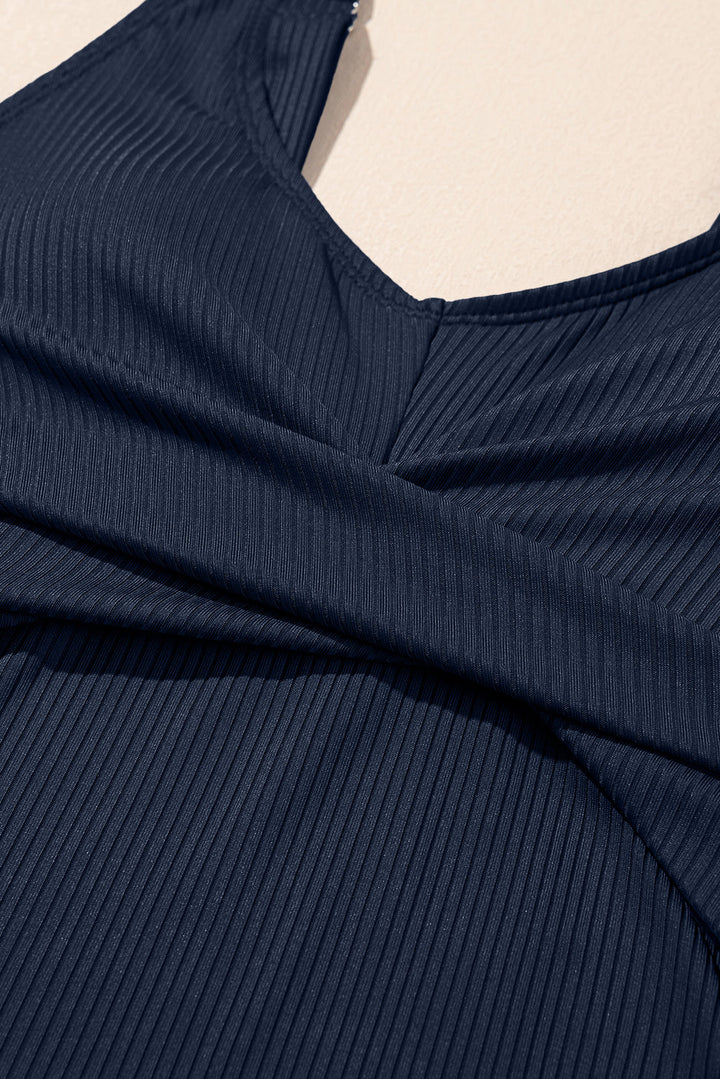 Navy Blue Ribbed Knit Crossed Detail Tank Skort 2pcs Swimsuit