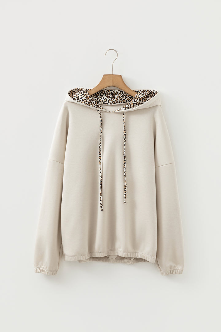 Jet Stream Elastic Cuffs Leopard Contrast Drawstring Hoodie