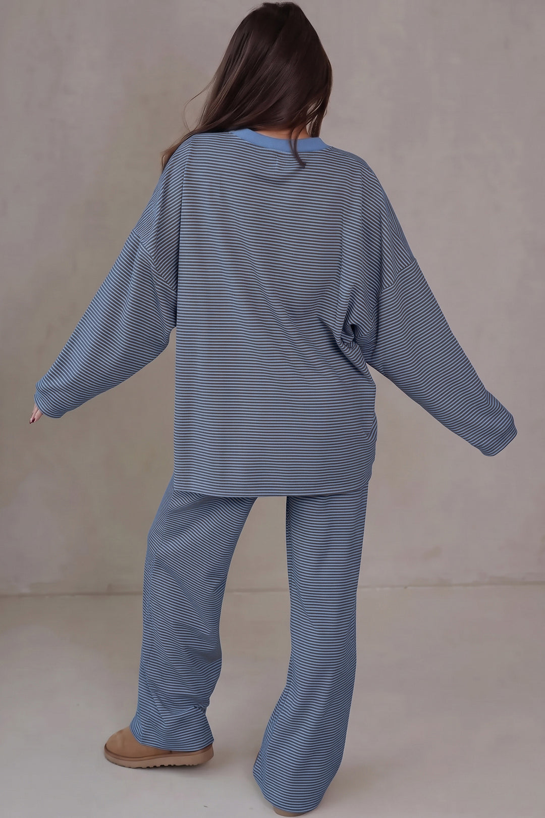 Blue Stripe Contrast Trim Round Neck Oversize Long Sleeve Top 2pcs Pant Set