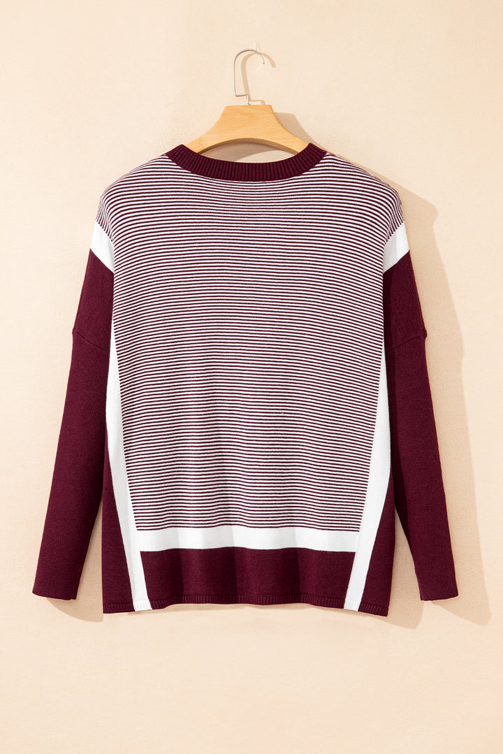 Red Stripe Color Block Patchwork Dolman Oversize Tunic Sweater