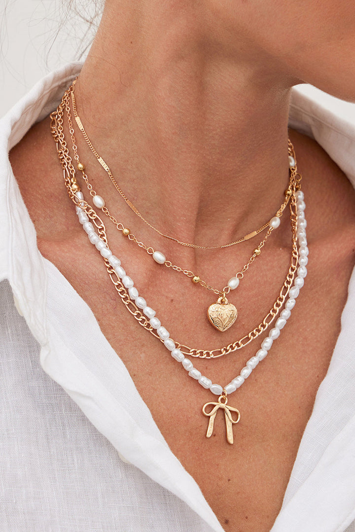 Bow Heart Pendant Pearl Chaining Plated Necklace
