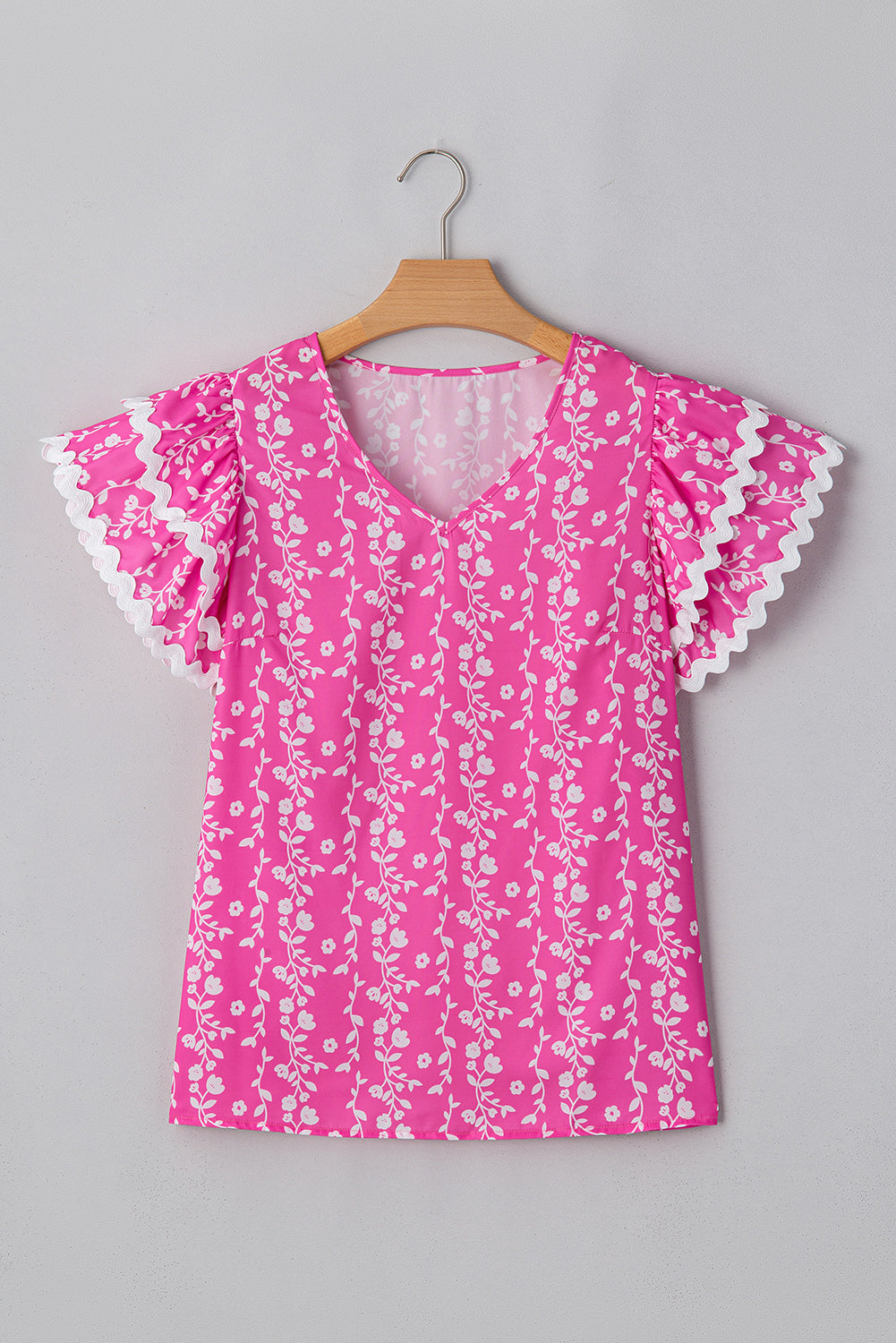 Floral Print Ric-rac Tiered Ruffled V Neck Blouse