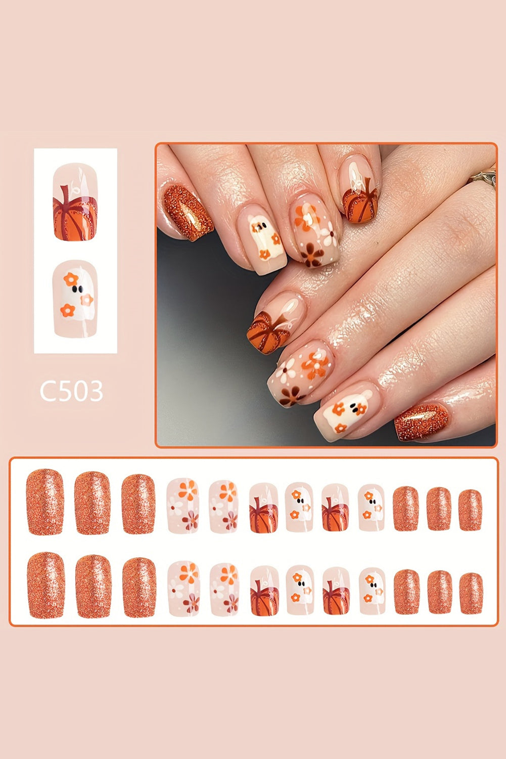 Faux ongles carrés pailletés motif fleur fantôme d'Halloween