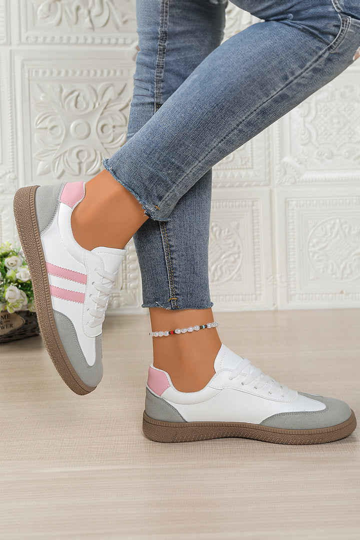 Color Block PU Leather Patchwork Lace Up Flat Shoes