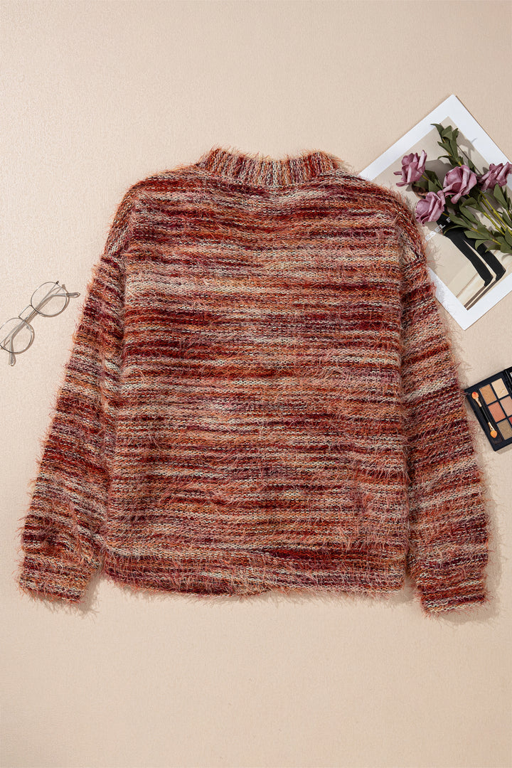 Tawny Fuzzy Striped Button Front Cardigan Sweater