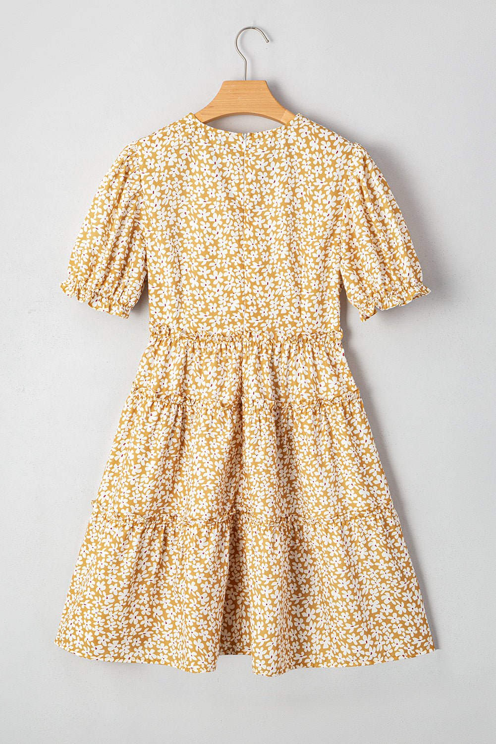 Floral Short Sleeve V Neck Frilly Tiered Mini Dress