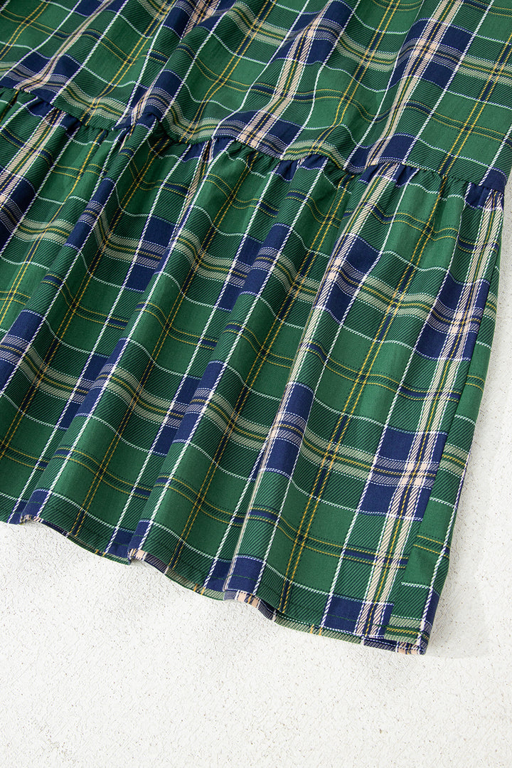 Plaid Print Frilly Collar Long Sleeve Shift Mini Dress
