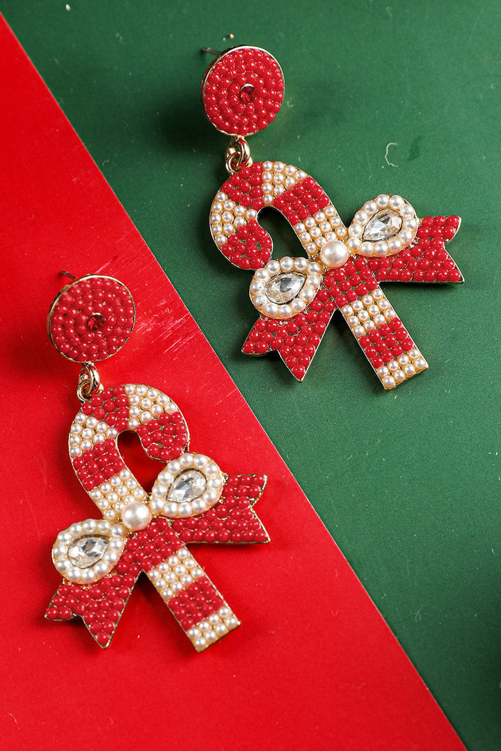 Christmas Candy Cane Pearl Beaded Dangle Earrings