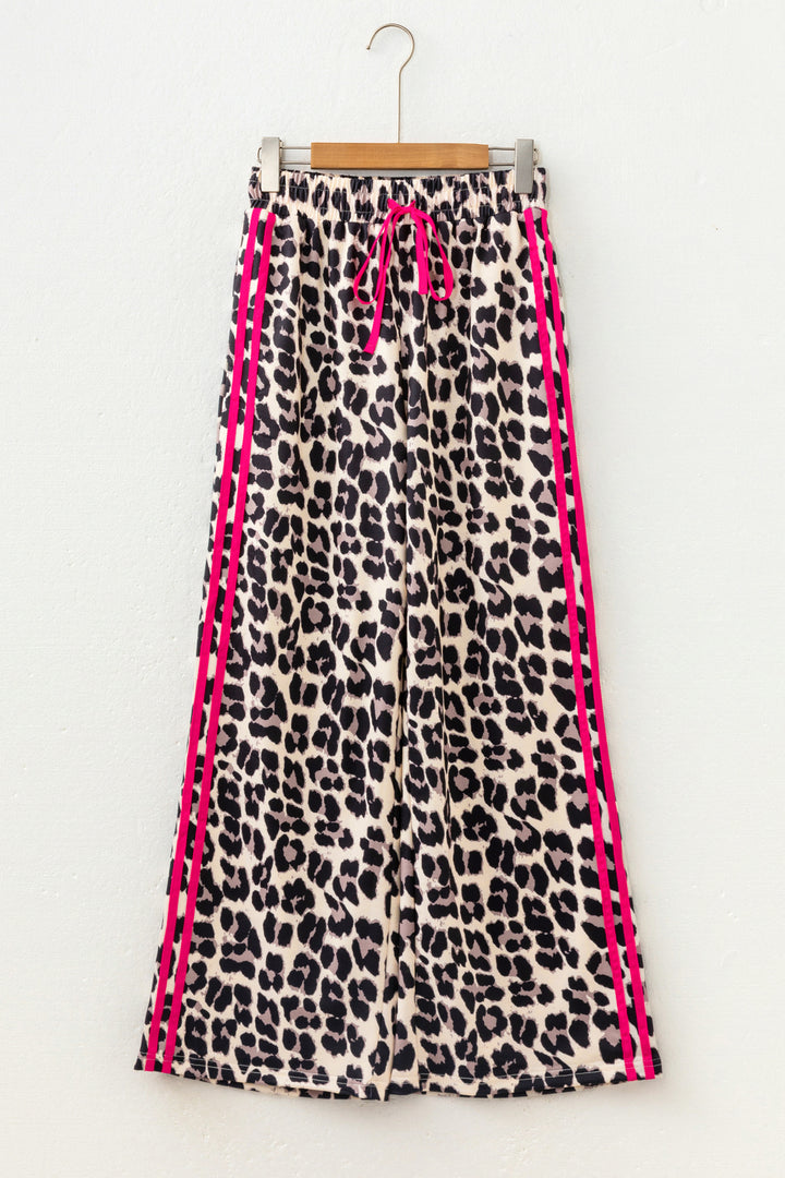 Rose Contrast Detail Tie Waist Leopard Print Casual Pants