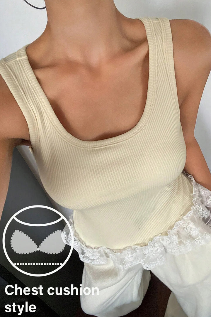 Chic Beige Ribbed Knit Sweet Lace Hem Vest
