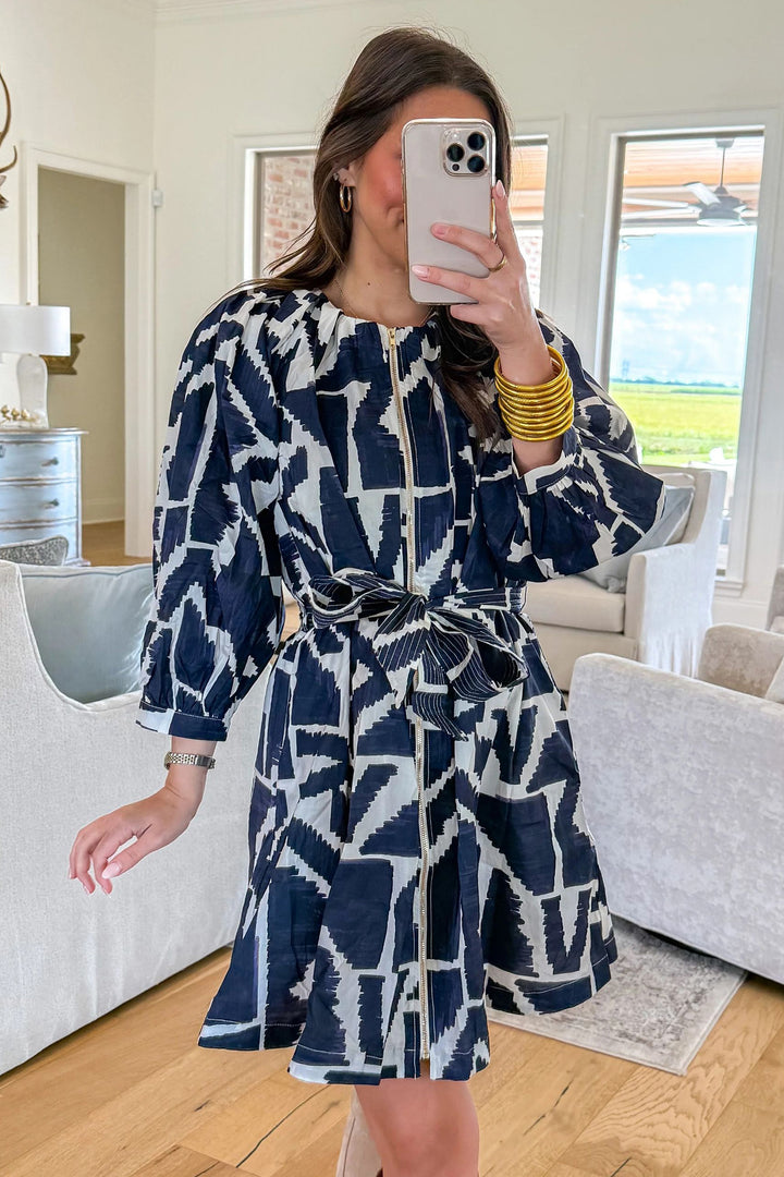 Blue Abstract Geometric Print Zip Front Shift Dress