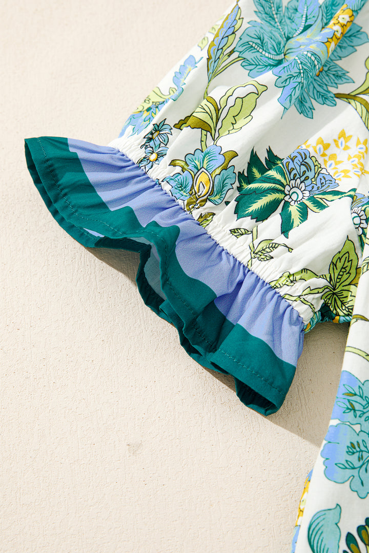 Floral Print Contrasted Frilled Striped Trim Short Sleeve Blouse