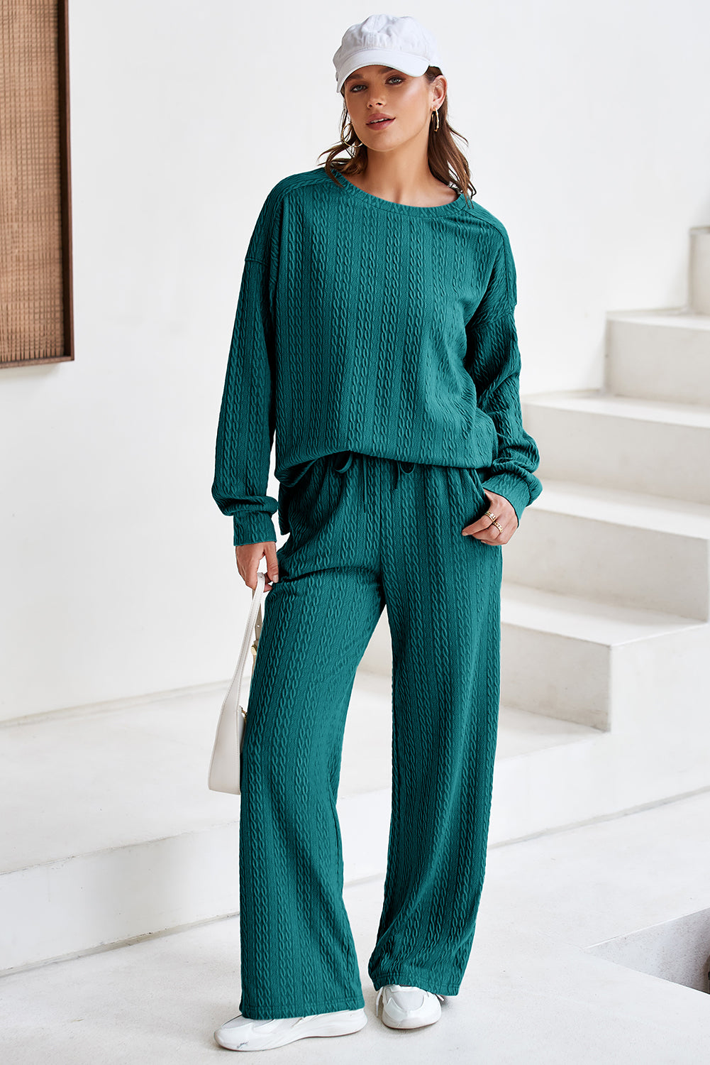 Sea Green Textured Round Neck Sweatshirt &amp; Loose Drawstring High Waist Pant Set