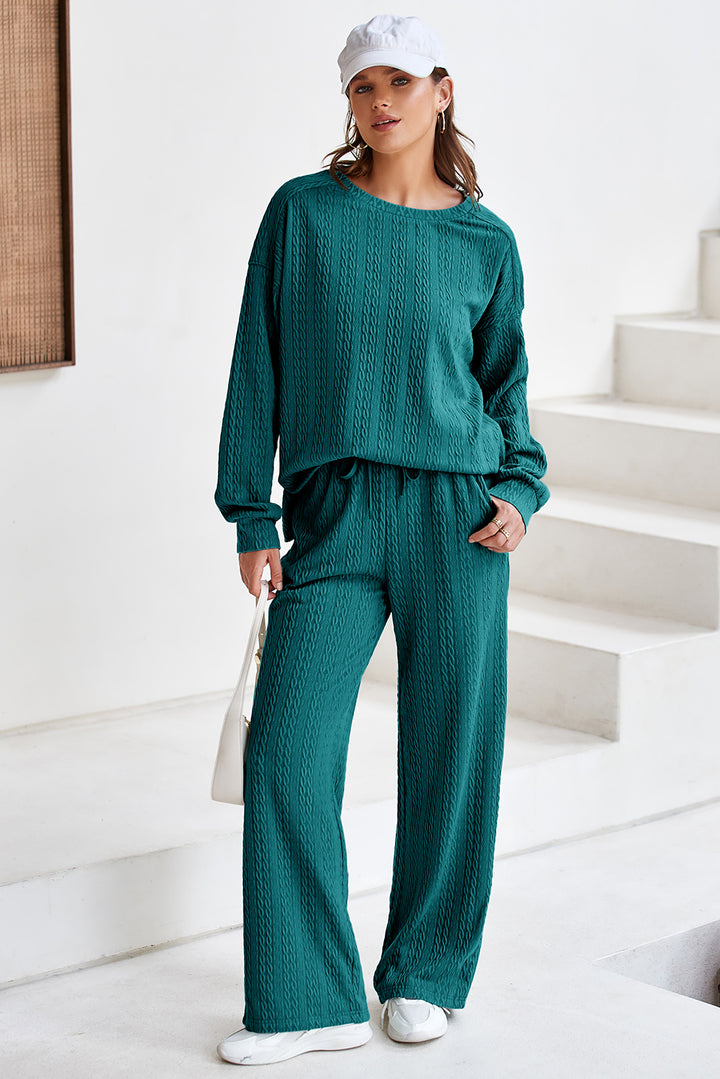 Sea Green Textured Round Neck Sweatshirt &amp; Loose Drawstring High Waist Pant Set